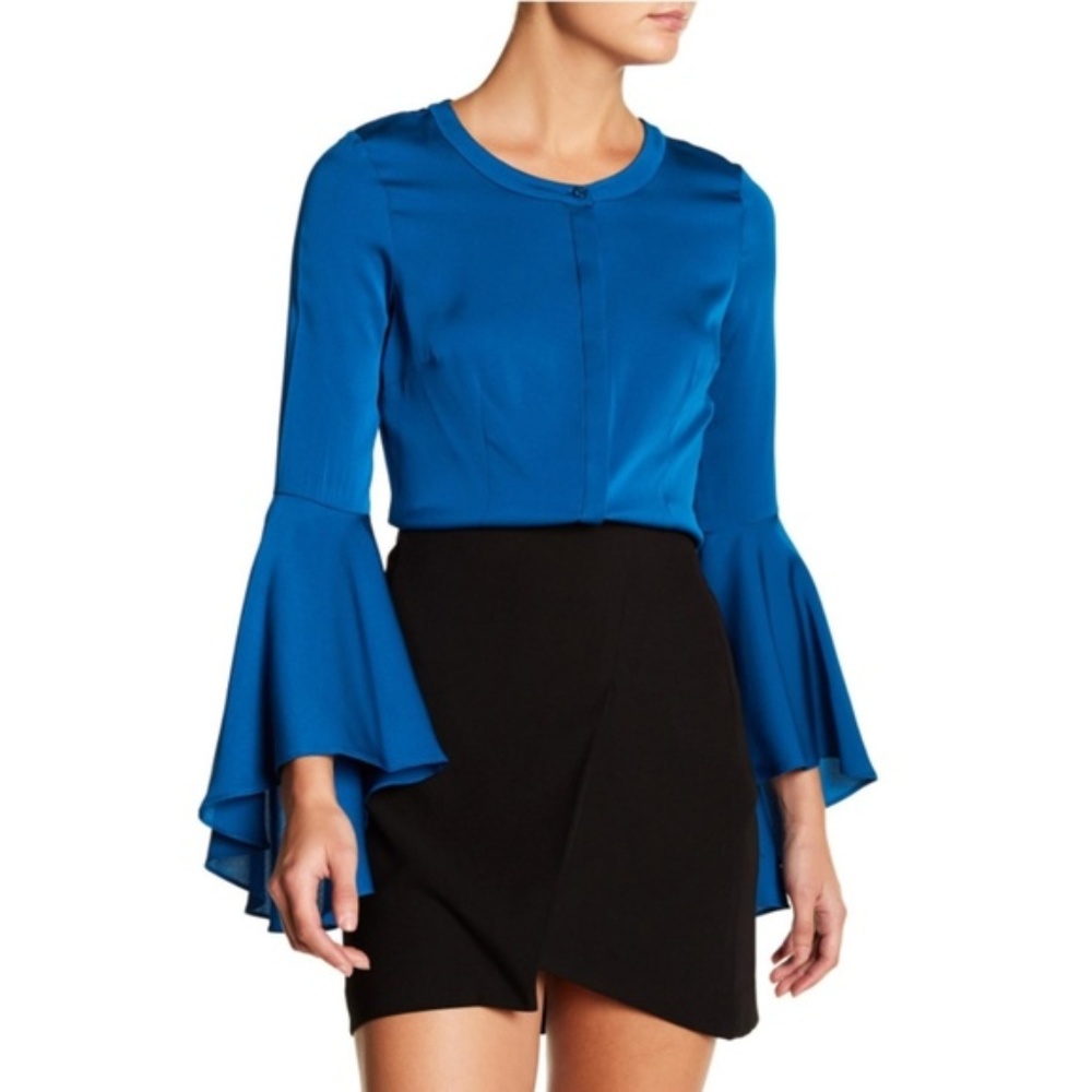 NWT MILLY Silk Ruffle Bell Sleeve Teal Blouse